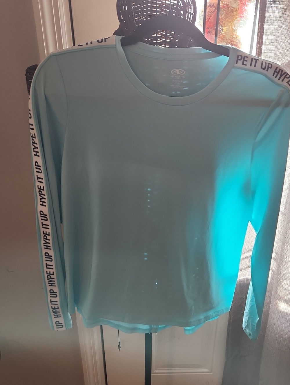 Athletic Works Aqua Long-Sleeve Crew with 'HYPE IT UP' Sleeve Tape